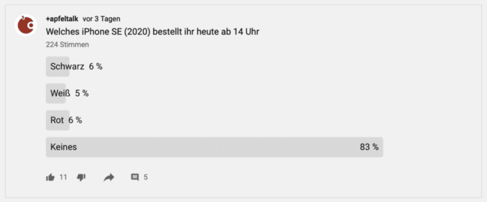 Screenshot einer Umfrage zum neuen iPhone bei Youtube.